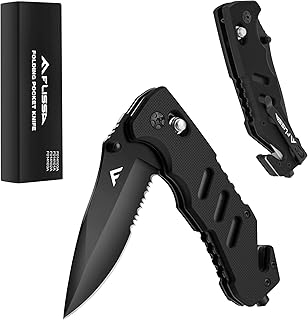 FLISSA Folding Pocket Knife with Clip, Glass Breaker and Seatbelt Cutter, Survival Knife for Emergency Rescue Situations, EDC Knife for Tactical, Hunting, Camping, Outdoor, Unique Gifts for Dad, Father-Black