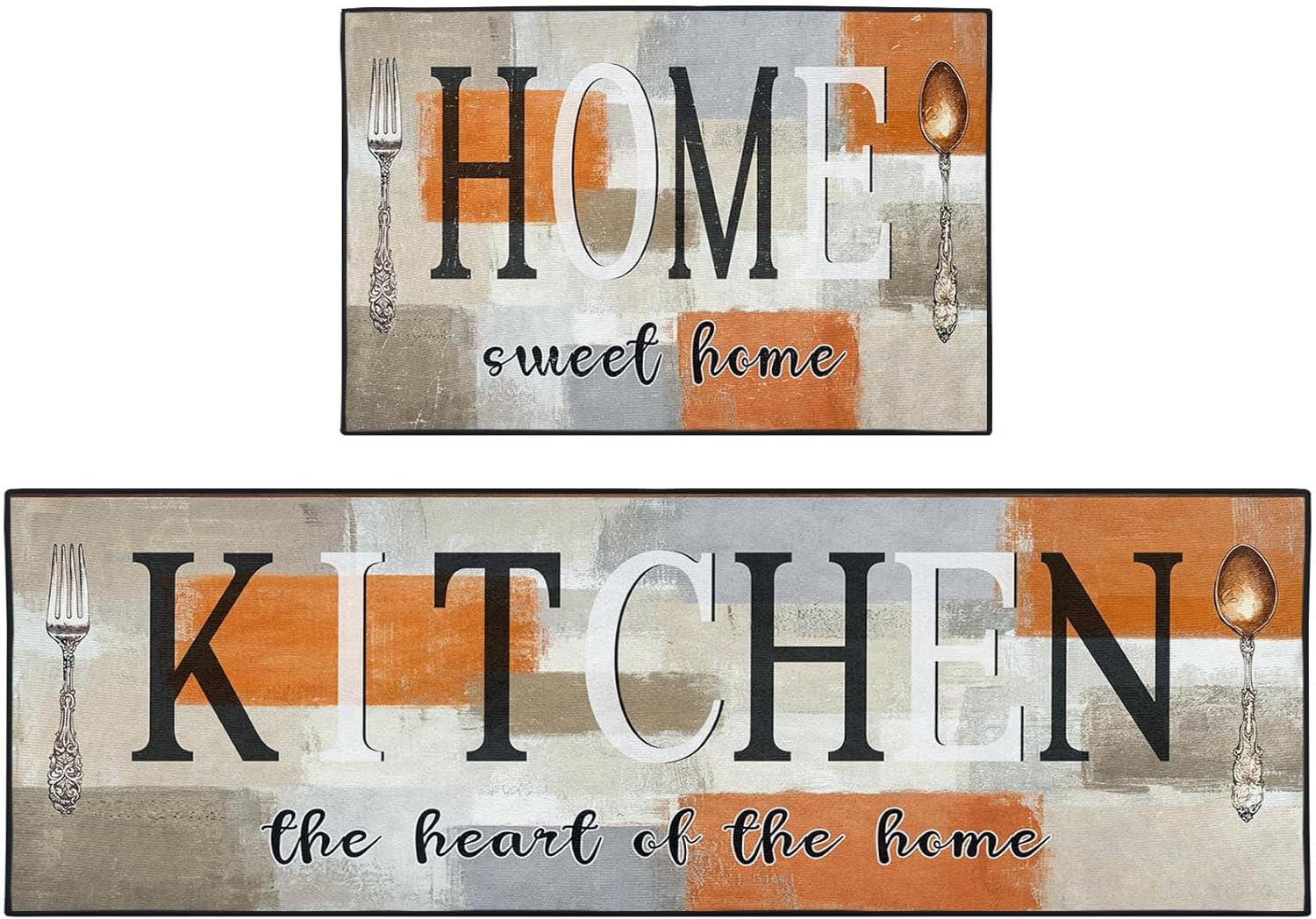 Orange Beige Kitchen Rugs and Mats Non Skid Washable Set of 2, Abstract Oil Painting Abstract Vintage Floor Mats, Sweet Heart Home Runner Rug, Rustic Kitchen Decor