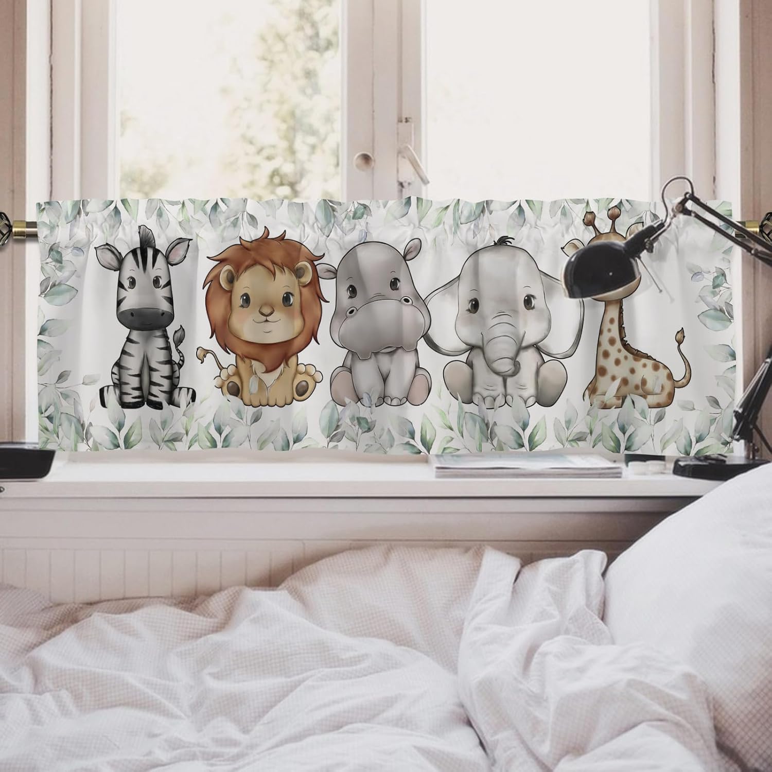 Cute Jungle Safari Animals Boho Green Leaves Valances 54''x18'' Nursery Toddler Bedroom Decor Drapes Short Curtain Lion Elephant Zebra Giraffe Hippo Window Treatment Kitchen Living Room 1 Pack