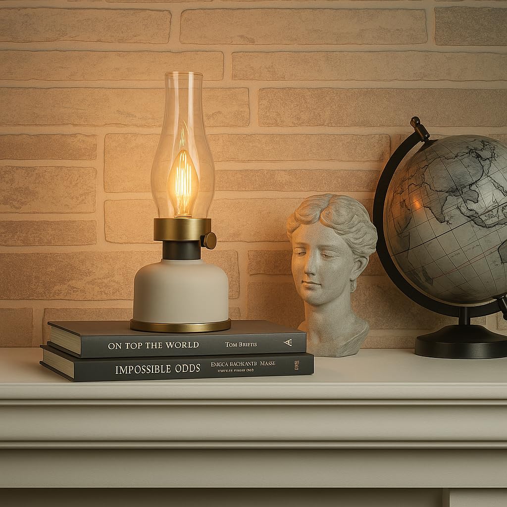 Lanterna da tavolo a LED a batteria, stile retrò, portatile, per esterni e interni, dimmerabile, resistente alle intemperie, IP44, per giardino, terrazza, balcone e campeggio, beige con dettagli