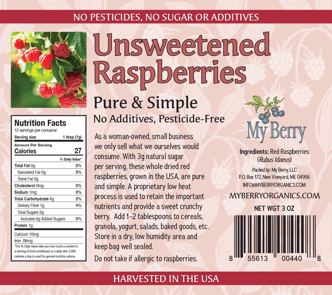 Unsweetened Dried Raspberries by My Berry | 3oz | Crunchy | Low Heat Dried - Not Freeze-Dried | No Added Sugar/Additives | USA Grown