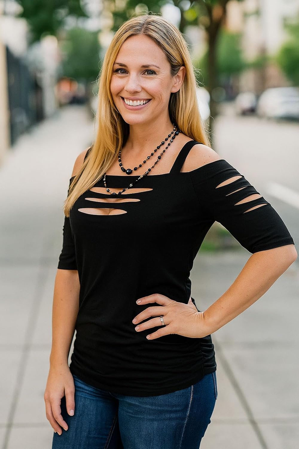 Cut Out Cold Shoulder T-Shirt Women Lacerated Sleeve Shirt Hollow Out Square Collar Casual Blouse Summer Rock Tee Tops - Image 5