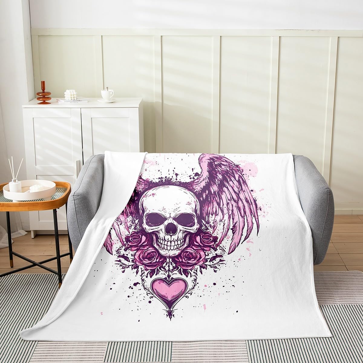 Feelyou Sugar Skull Plush Throw Blanket Twin 60"x80" Kids Pink Gothic Skull Wing Flannel Fleece Blanket for Sofa Couch Boys Girls Teens Boho Skeleton Heart All Season for Bed Floral Bones