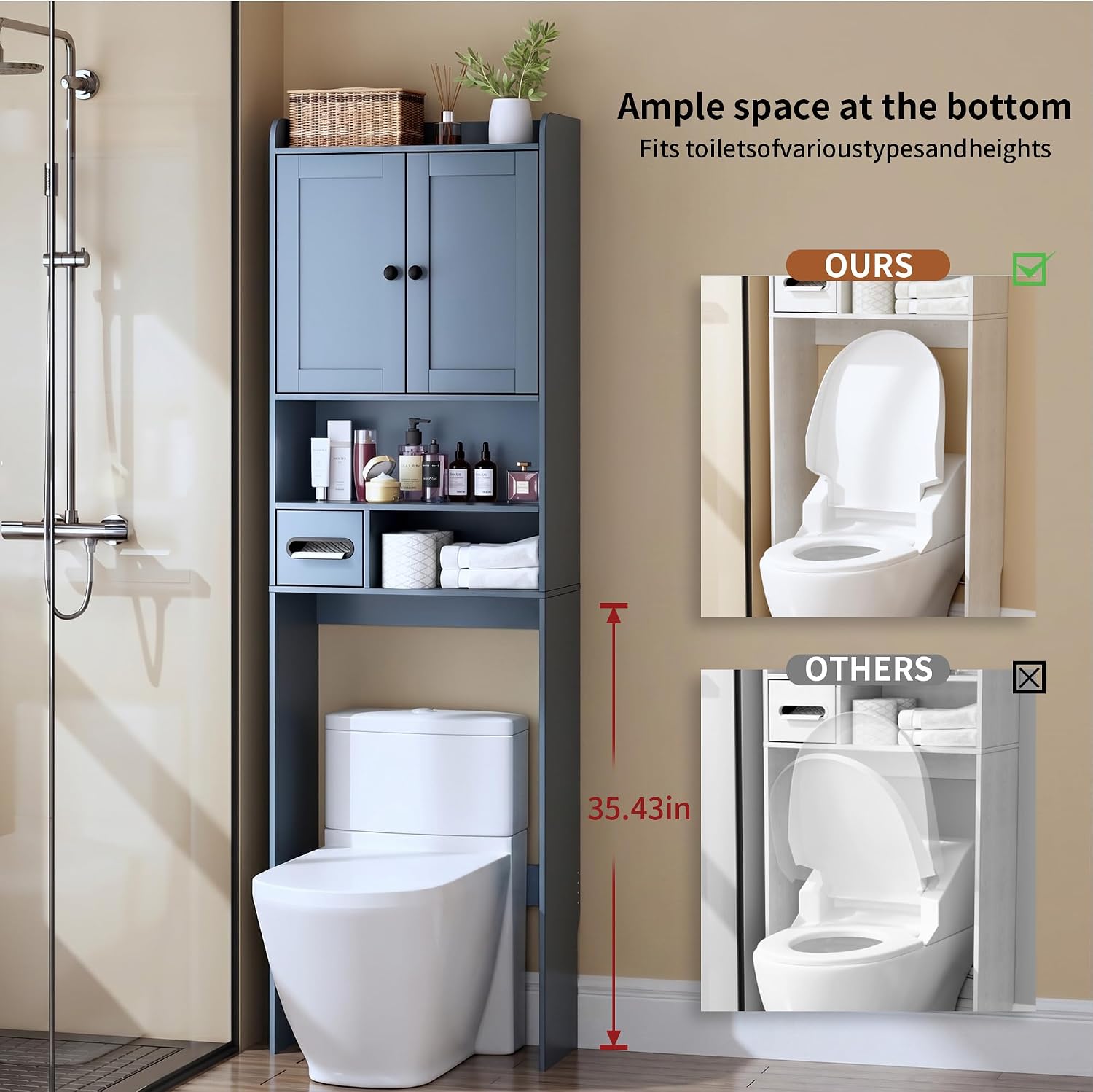 Over The Toilet Storage Cabinet with 5 Shelves, Imitation Walnut Grain Above Toilet Bathroom Organizer with Toilet Paper Holder Stand, Space Saver for Restroom, Laundry, Bathroom (Navy Blue)