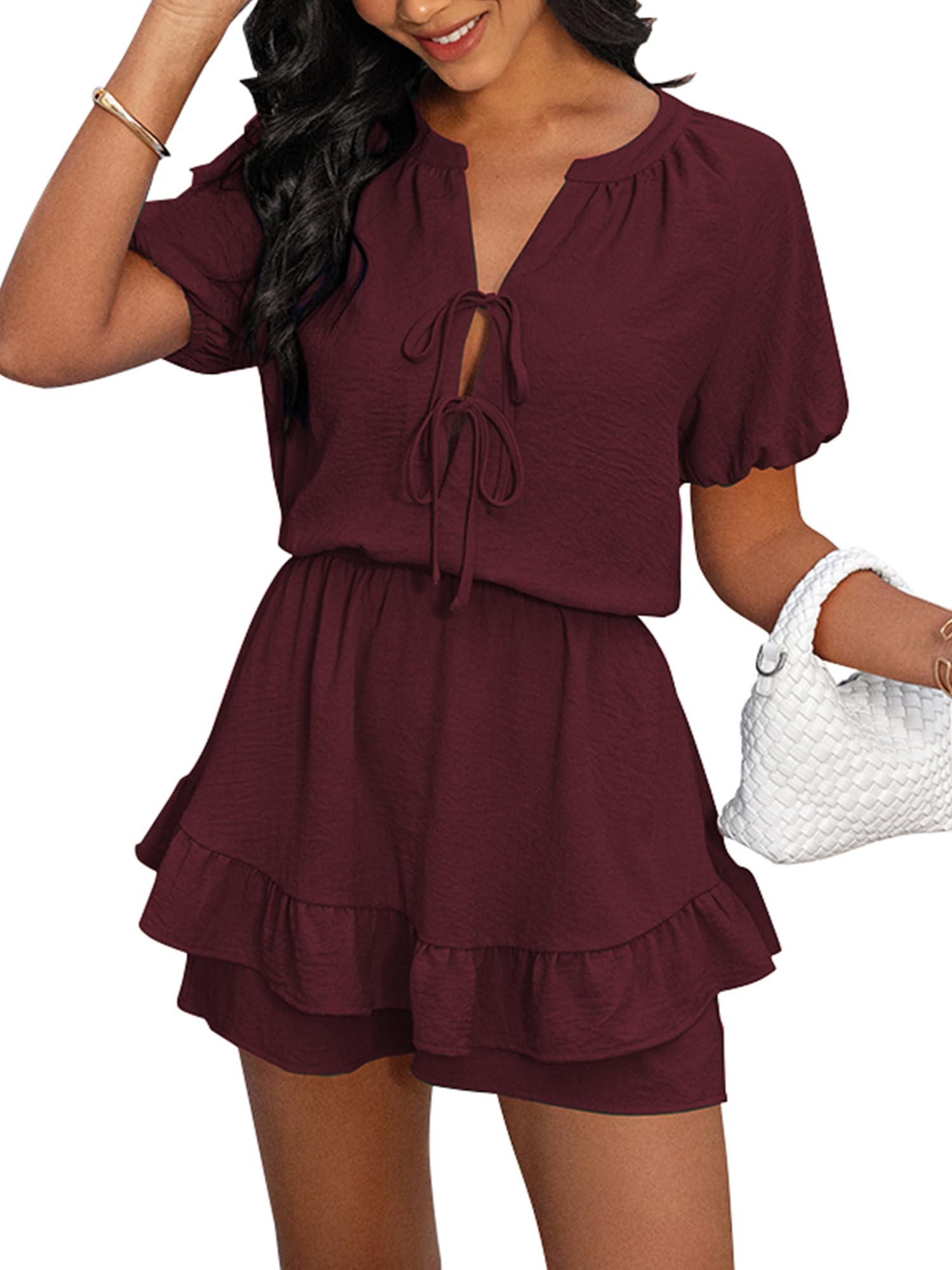 Theenkoln Jumpsuit Damen Sommer Kurz Minikleid V-Ausschnitt Kordelzug Vorne Strampler Elegant Rüschen Sommerkleid Overall Stand Romper mit Taschen