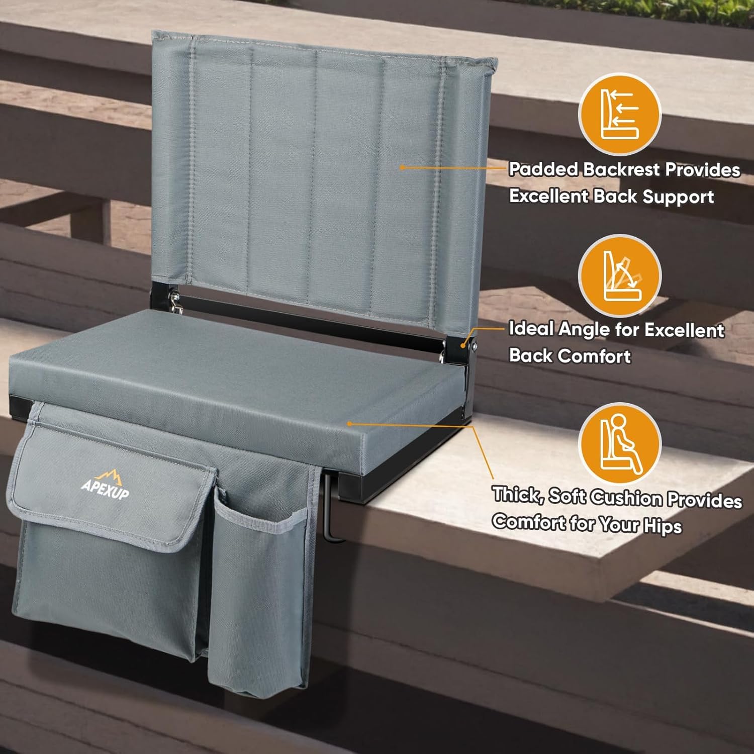 APEXUP Stadium Seats with Back Support, Portable Bleacher Seat with Large Pocket and Cup Holder, Wide Stadium Chair for Sports Events and Concerts