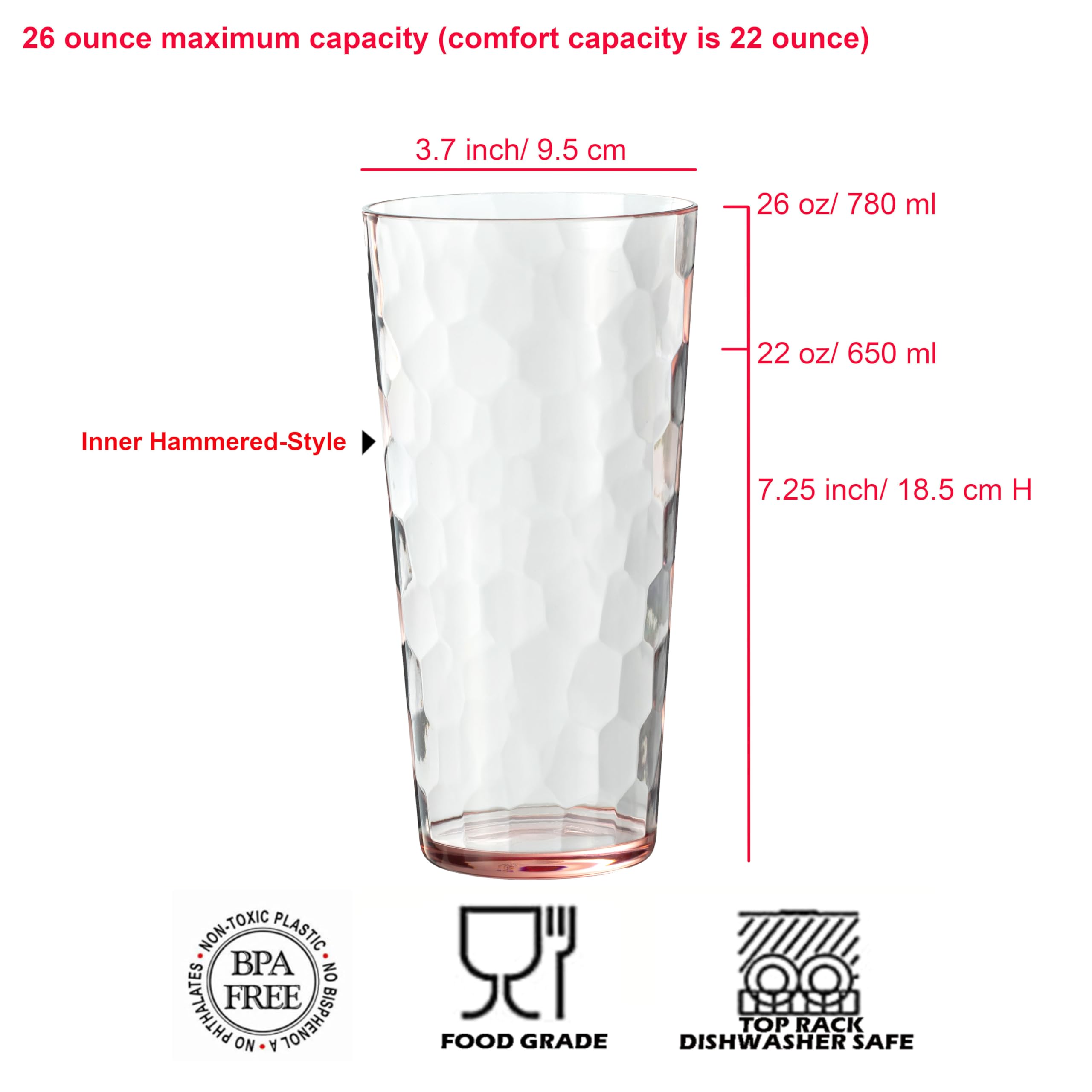 Vaso de plástico mixto de 26 onzas de acrílico de hiball, juego de 6 unidades, color rosa coral