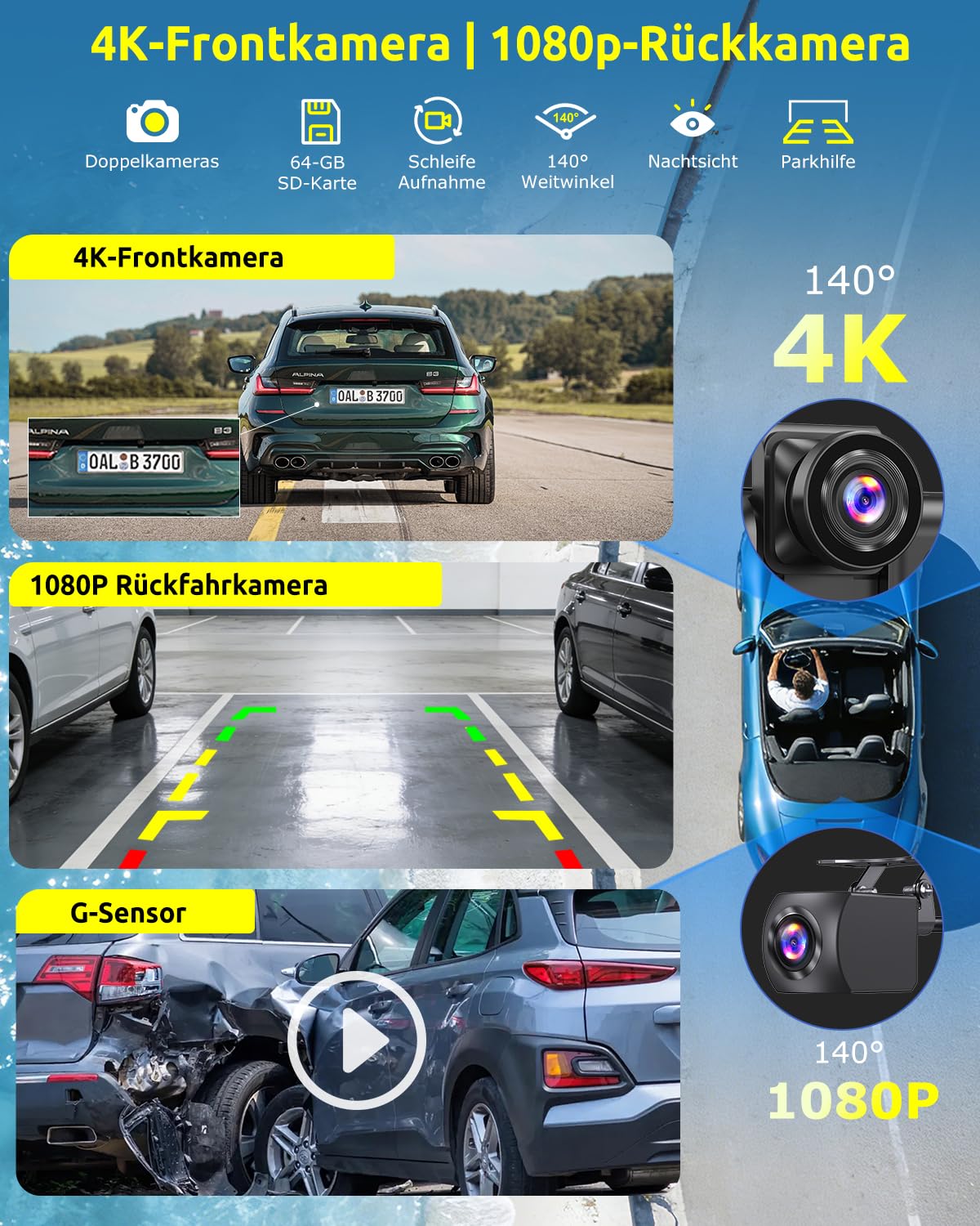 ESSGOO 10.26 Zoll Kabelloses CarPlay Display mit 4K Dashcam,1080P Rückfahrkamera & 4 Reifendruckkontrollgeräte Drahtlos CarPlay & Android Auto,Bluetooth 5.3,Mirror Link,GPS,FM,Sprachsteuerung,64GB TF