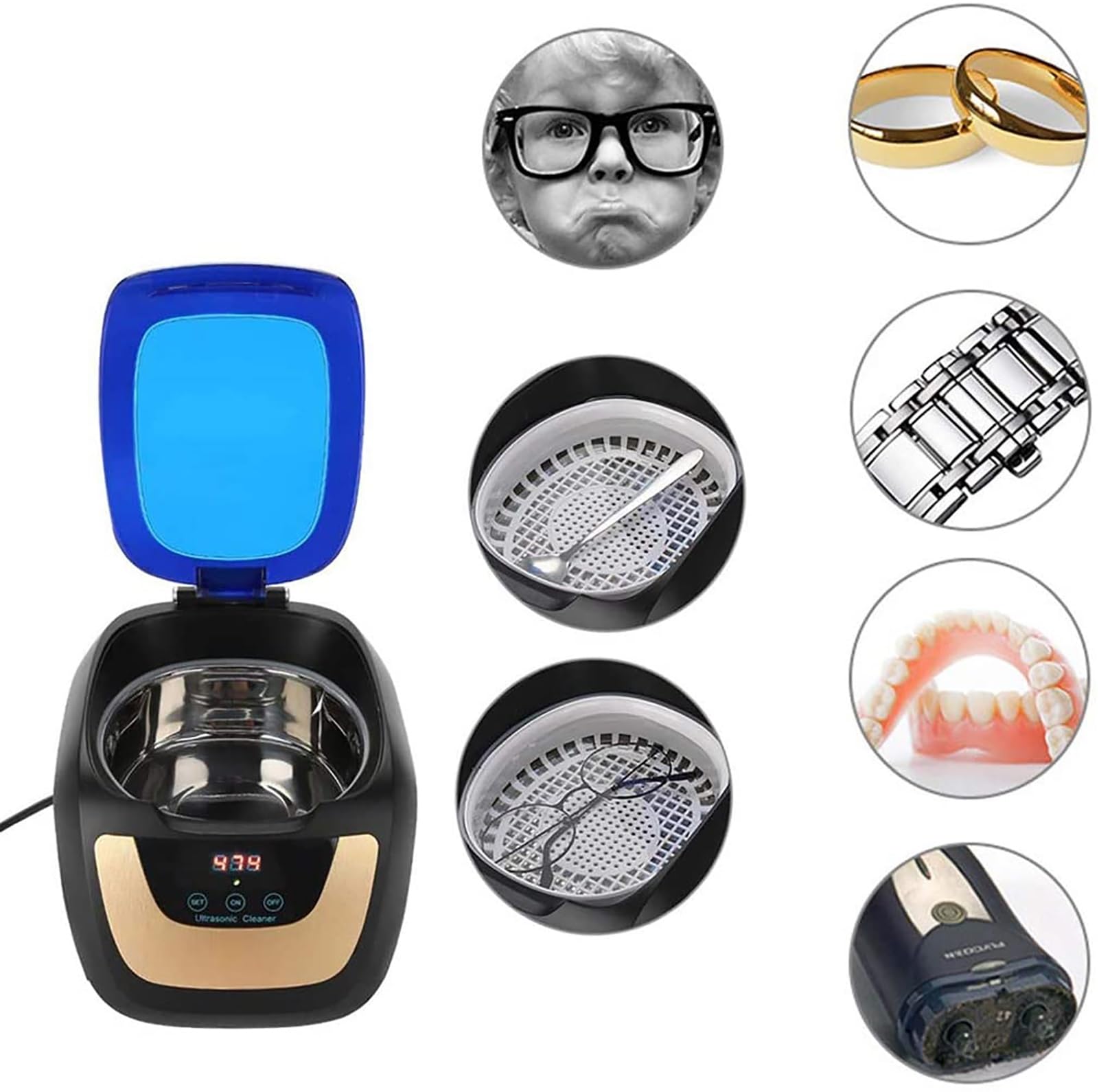 PAHION Limpiador Ultrasónico Digital Limpiador Ultrasónico Portátil Pequeño Automático Baño Ultrasónico De Acero Inoxidable Usos Domésticos para Dentaduras Postizas Frascos Limpieza De Joyas 750Ml