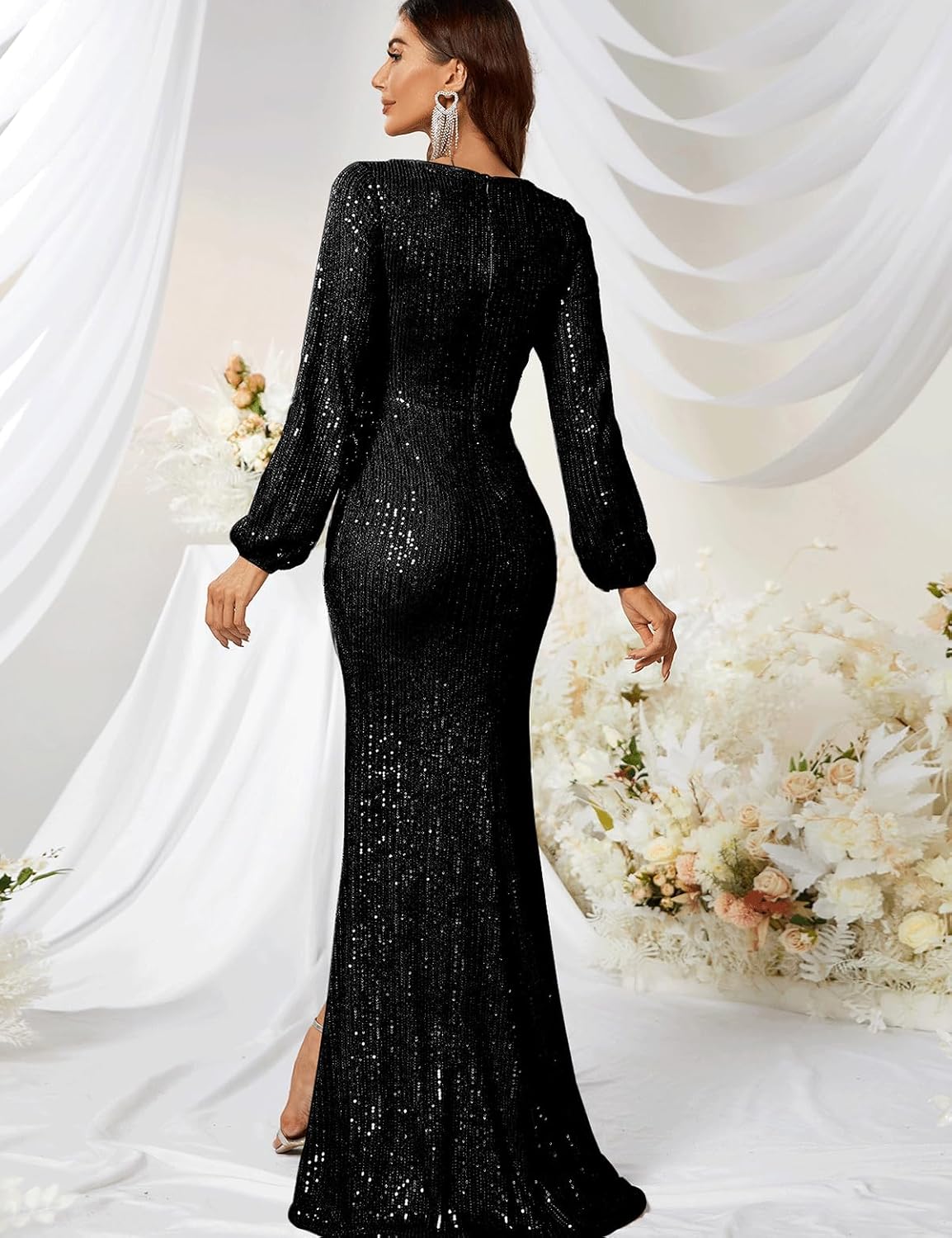 Women's Sexy Long Sleeve V Neck Sequin Long Formal Party Dress Evening Gown - Image 2