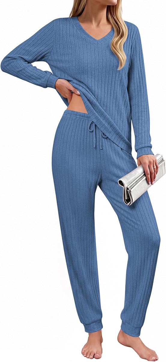 Ekouaer Conjuntos de salón para mujer Conjunto de pijama de punto acanalado de manga larga | Trajes suaves y cálidos para otoño e invierno 2026, camisetas de manga larga con cuello en V, pantalones largos con bolsillos, ropa de descanso de 2 piezas para el hogar
