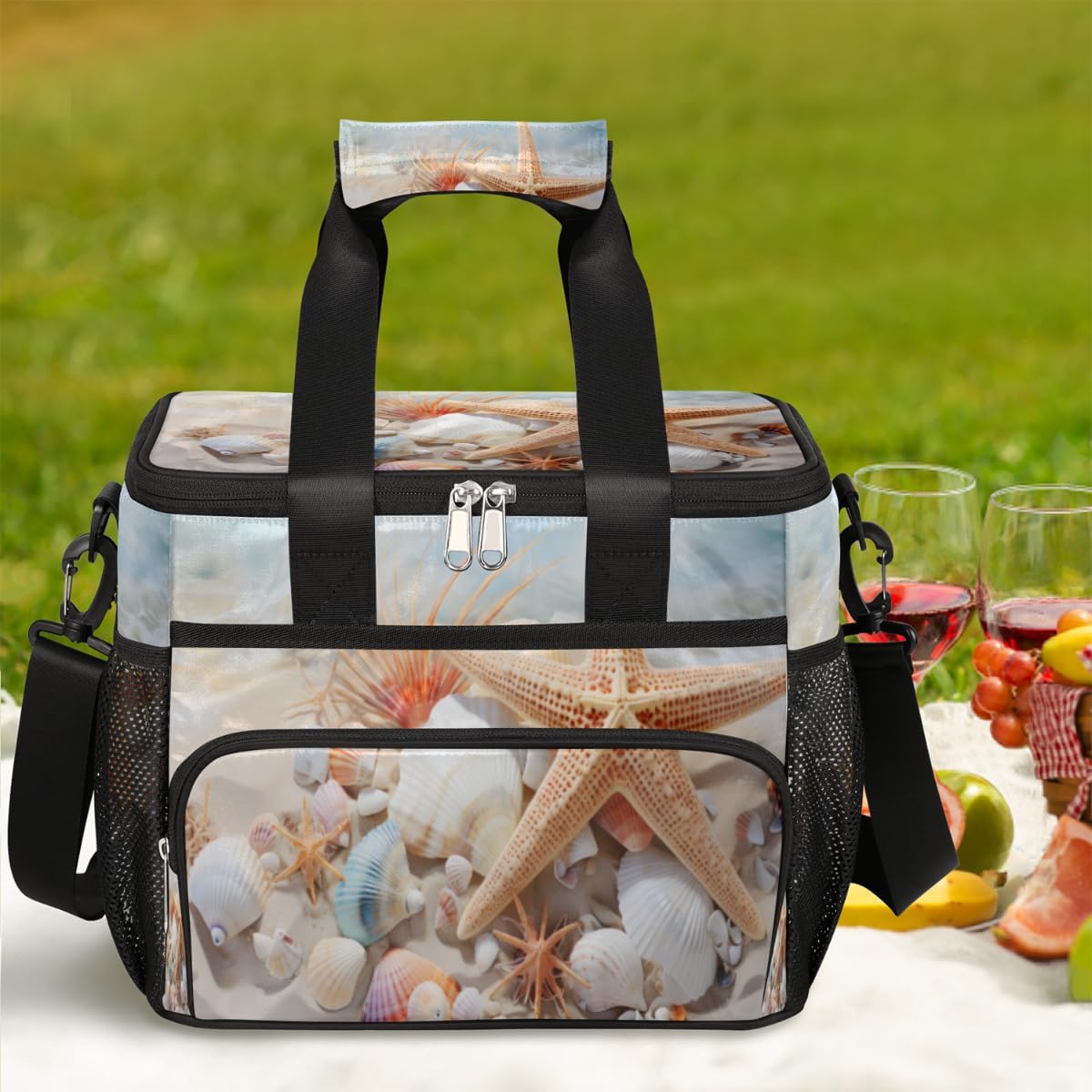 Coral and Starfishes Insulated Picnic Backpack Lunch Box for Women Men Picnic Basket Tote Lunch Bag Picnic Bag Portable Lunch Bags for Picnic, Beach, Work, Trip,Office, Camp Seashells