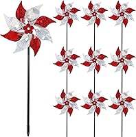 Hausse 10 Pack Reflective Pinwheels Bird Deterrent - Sparkly Red Silver Wind Spinners for Garden Farm Patio Holiday Decor