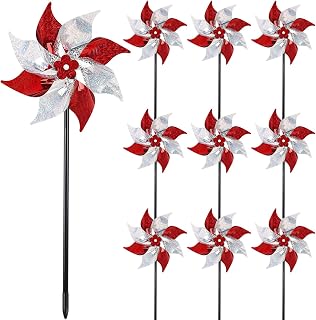 Hausse 10 Pack Reflective Pinwheels Bird Deterrent - Sparkly Red Silver Wind Spinners for Garden Farm Patio Holiday Decor
