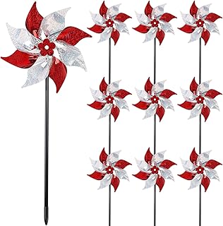 Hausse 10 Pack Reflective Pinwheels, Extra Sparkly Wind Sculptures for Garden Christmas Holiday Winter Decor, Bird Devices Deterrent to Scare Birds Away from Yard Patio Farm, Red & Silver