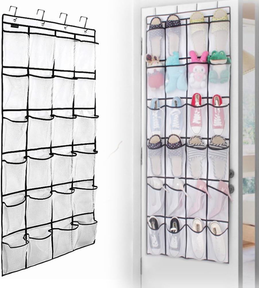 wsryx Shoe Racks Over Door Storage, 24 Large Mesh Pockets Heavy Duty Hanging Holder Tidy Organizer (Fine mesh white)
