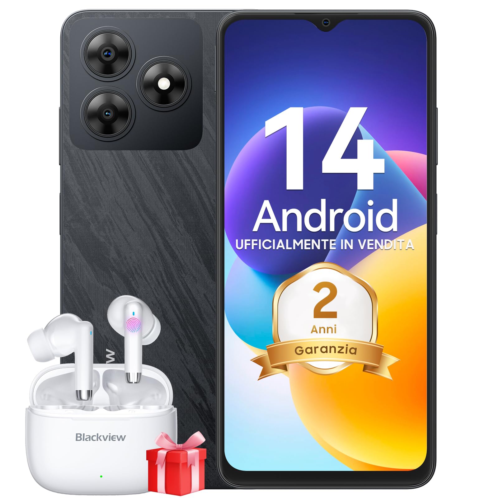 Blackview WAVE 8C Android 14 Smartphone, 6.56" HD+Schermo/60Hz, 6GB+64GB/2TB, 4700mAh/10W, Octa-Core, 13MP+8MP Telefono Cellulari, Cover Inclusa, Face ID/4G Dual SIM/GPS/Tipo-C/3.5mm Jack/Nero
