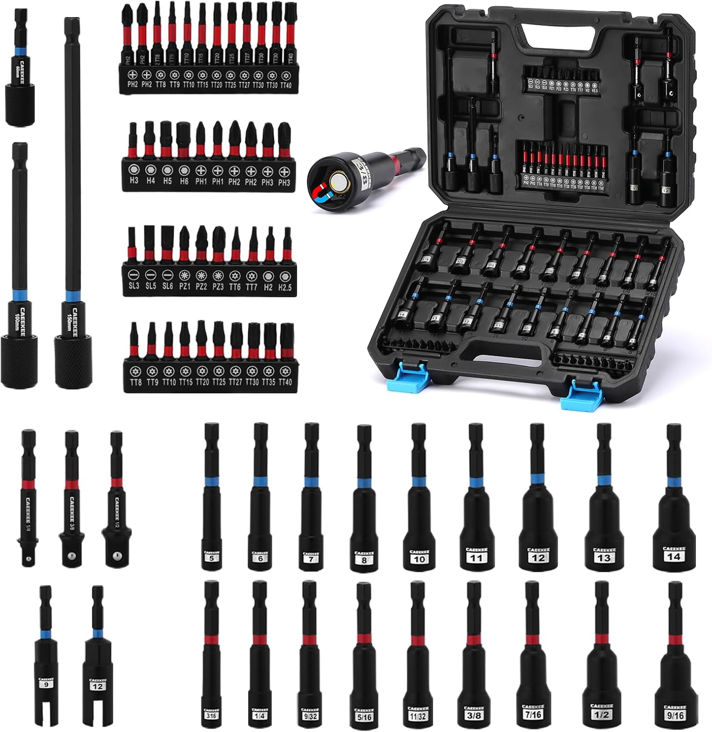 68PCS Magnetic Nut Driver Set for Impact Drill, 1/4" Impact Drill Driver Bit Set, Metric & SAE, Screwdriver Bits, Socket Adapters, Quick-Release Extension, Wing Nut Drivers, Storage Case