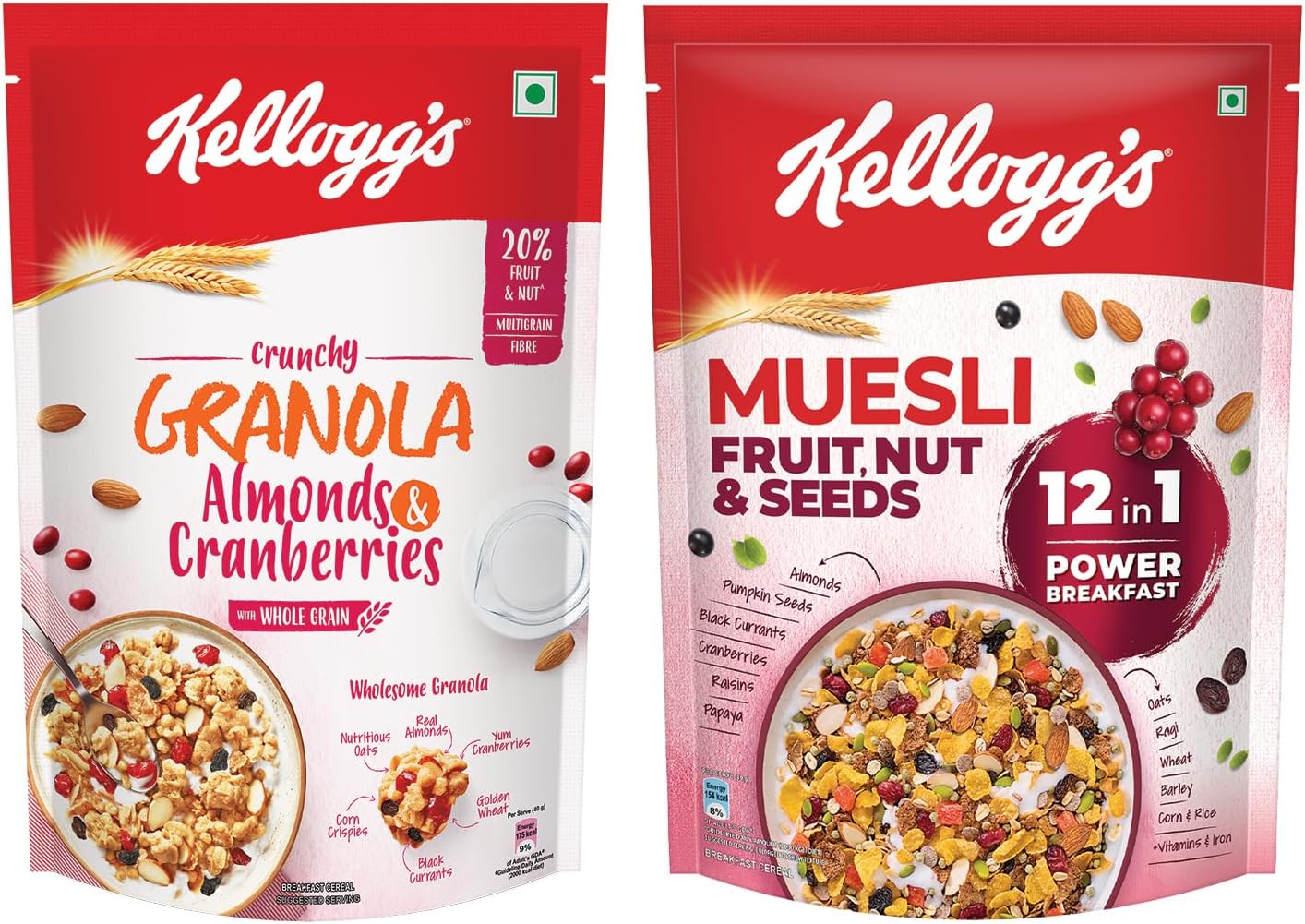 Combo, Kellogg's Crunchy Granola Almonds and Cranberries 460g and Kellogg's Muesli with 21% Fruit and Nut Pouch, 500 g