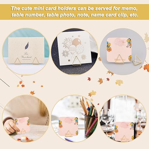 Miniatura 6 de OLYCRAFT 36 portatarjetas de lugar, bonitos portatarjetas de mesa, forma triangular, soporte para números de mesa de boda, soporte de fotos doradas,