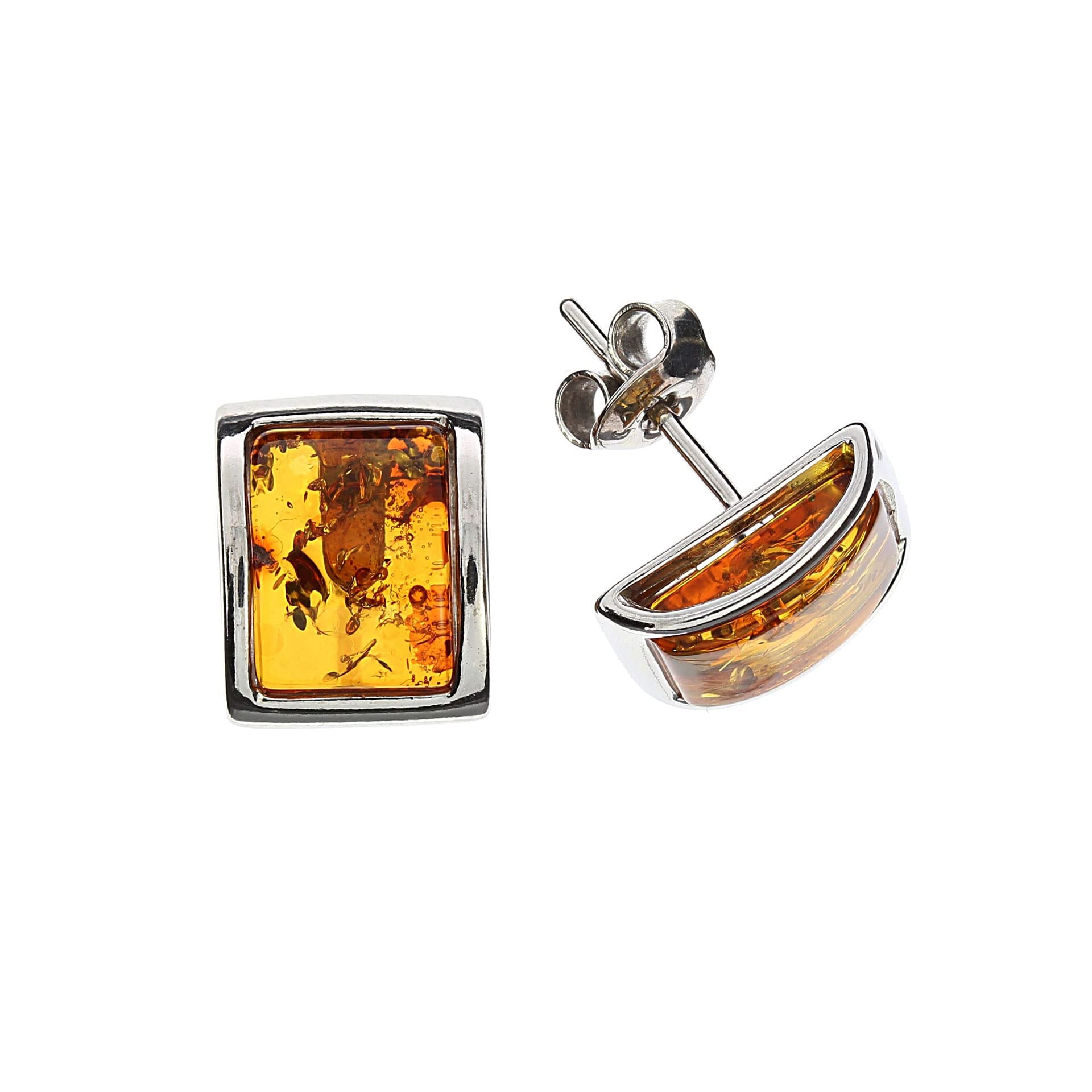 Artisana-SchmuckAmber Earrings Modern Square Stud Earrings with Amber Setting 925/000 Sterling Silver Rhodium-Plated, Baltic Amber Rhodium-plated 925/000 sterling silver, Amber