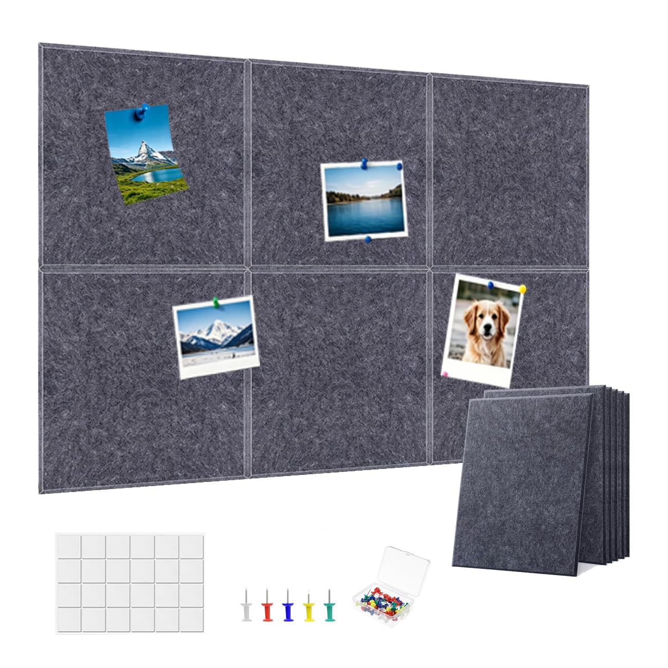 6 Pcs 30x30cm Felt Bulletin Notice Board with Pins & Removable Adhesive Pad