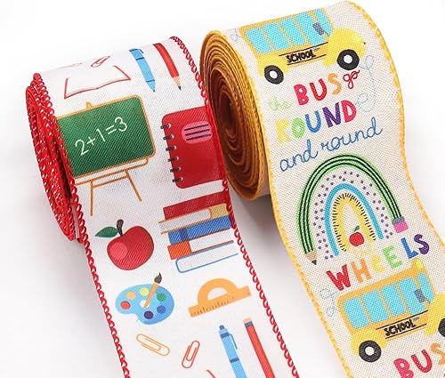 Cintas de lino de arpillera para el regreso a clases, tema de Apple Books y autobús para regalos y decoraciones del primer día de escuela (2.5