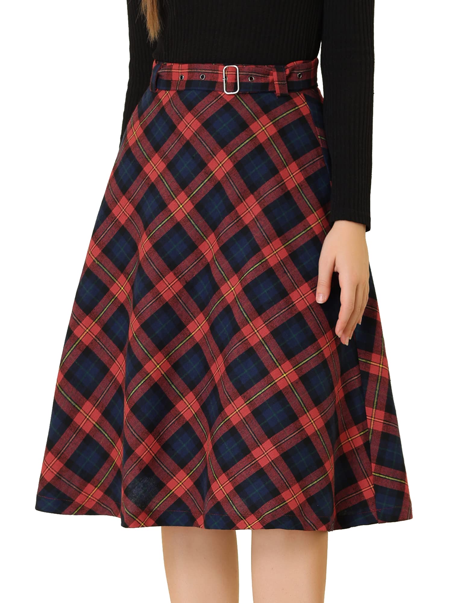 Allegra K Women's Christmas Tartan Plaid High Waist Belted Vintage A-Line Midi Skirt, Red Blue, XS