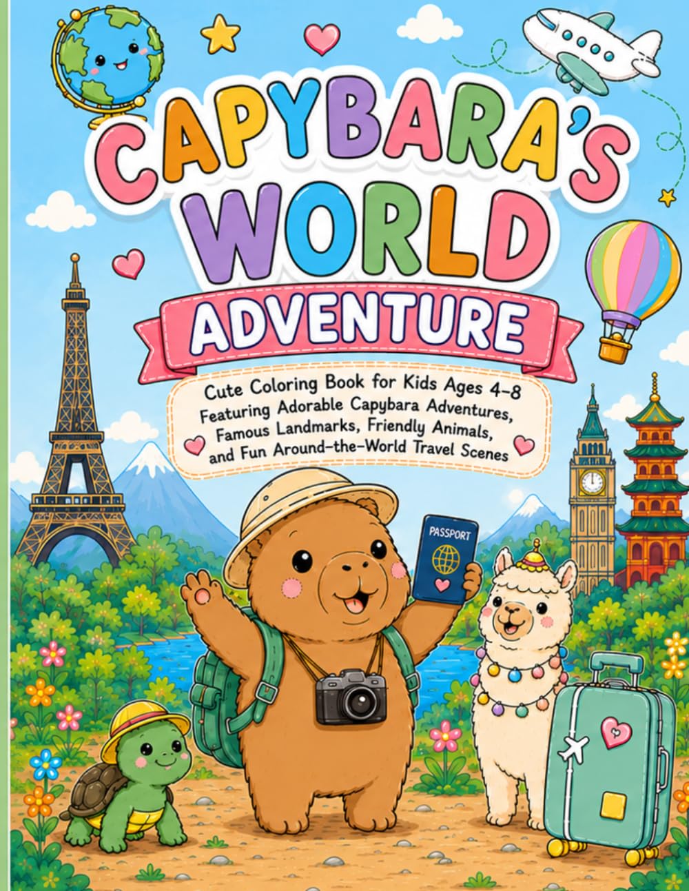 Capybara's World Adventure: Cute Coloring Book for Kids Ages 4–8 Featuring Adorable Capybara Adventures, Famous Landmarks, Friendly Animals, and Fun Around-the-World Travel Scenes