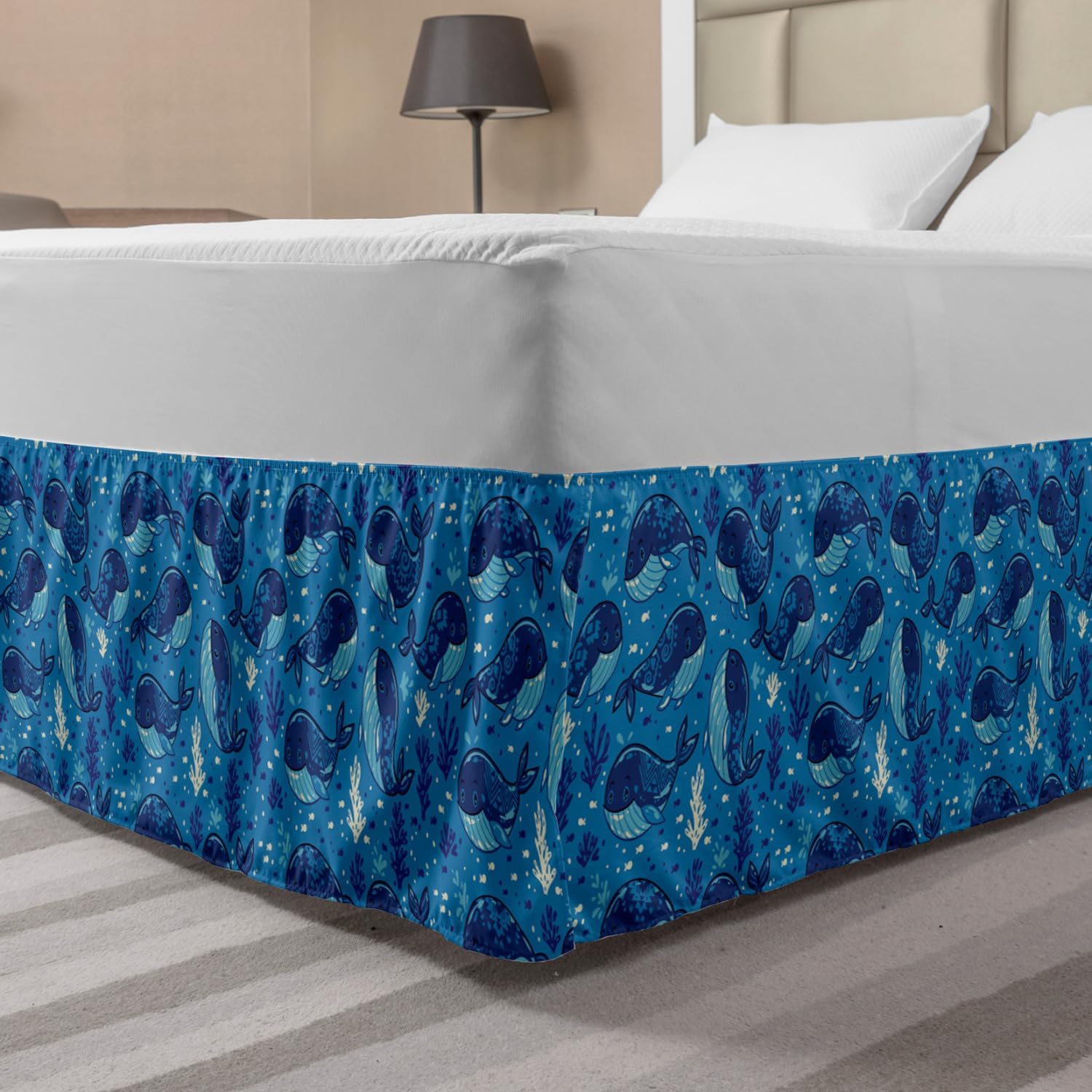 Ambesonne Whale Bed Skirt, Aquatic Background with Fish and