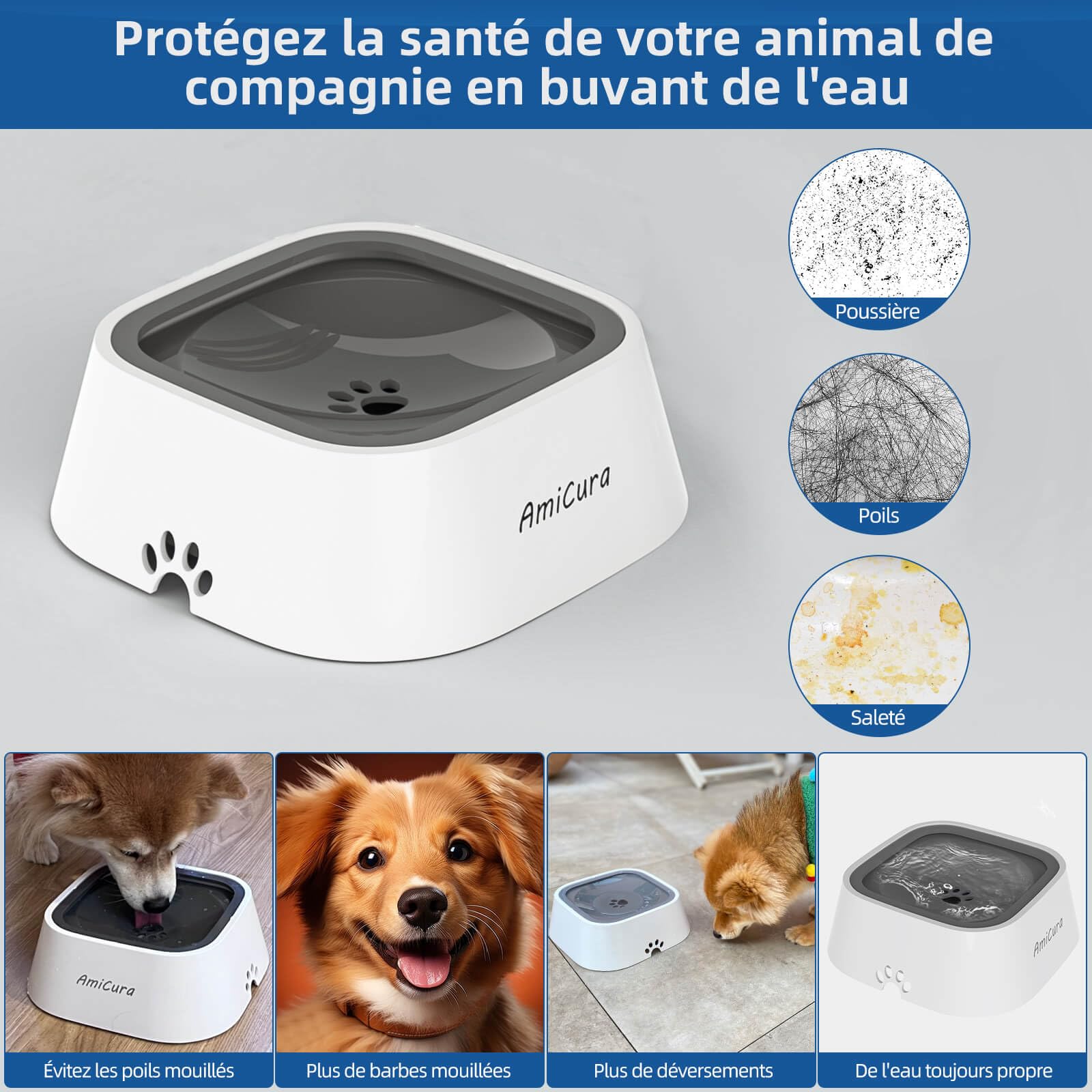 Amicura Gamelle Anti Fuite, Gamelle Eau Chien Anti Éclaboussure pour Chien Chat Chiot Cocker, Grande Capacité 1L Anti Glouton, No-Spill Gamelle d'eau Flottante pour Animal Voyage