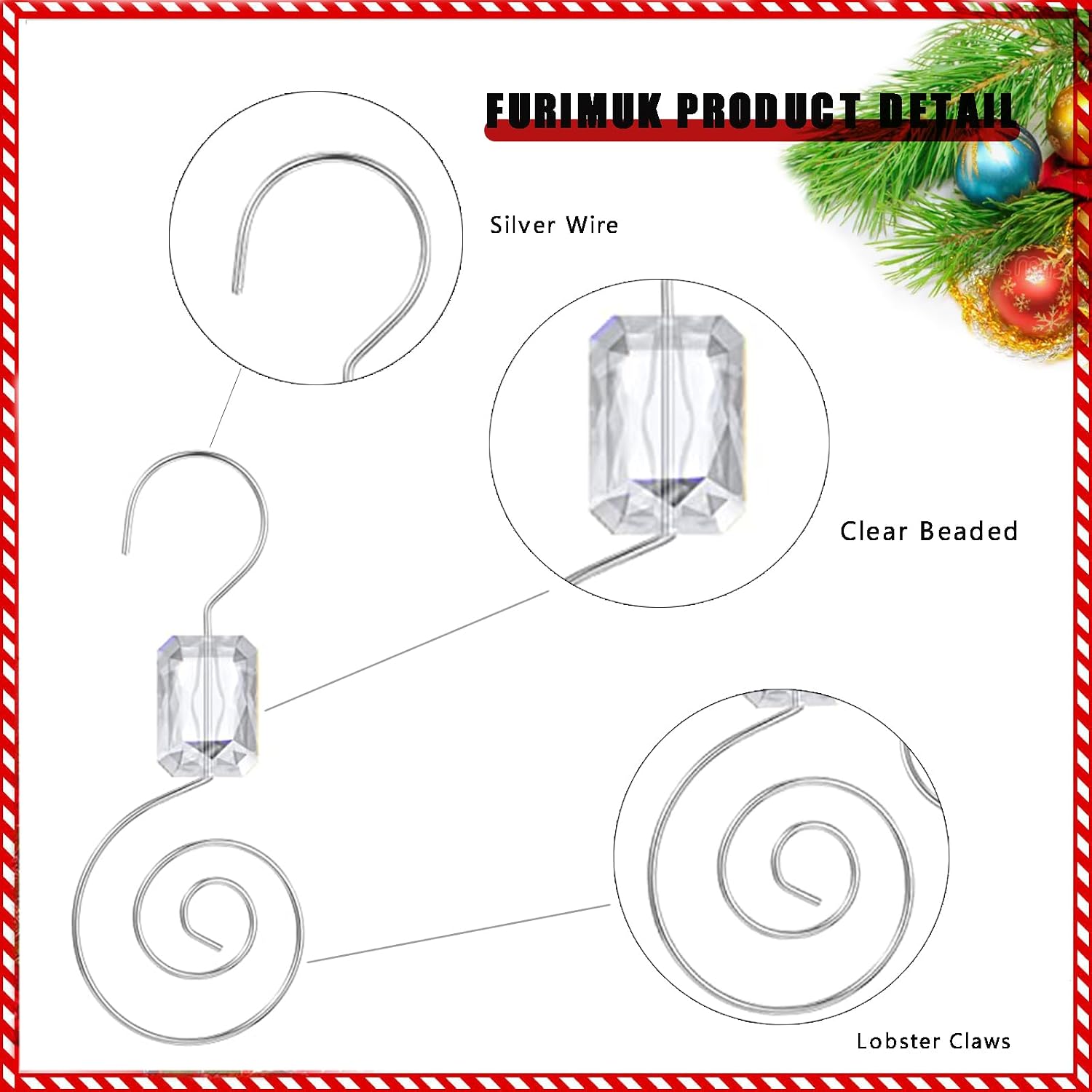 Furimuk 24 Pack Christmas Ornament Hooks Clear Beaded Hangers Decorative Silver Wire S-Hook with Lobster Claws for Holiday Home Xmas Party Tree Decoration