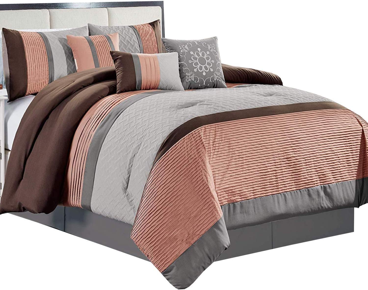 Deluxe Tradition CLORY 7 Pieces Luxury Queen Comforter Set Featuring Floral Embroidered Design in Rose, Brown, and Silver Gray Bed in A Bag Includes Comforter, Skirt, Throw Pillows, Pillow Shams