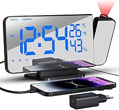 TAKRINK Projektionswecker Radiowecker mit 4 Stufen Bildschirmhelligkeit Digitalwecker mit 12 / 24H Projektionsanzeige 15 Lautstärkestufen 180° Projektor für Erwachsene, Kinder