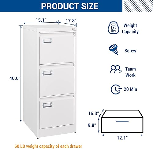 Miniatura 3 de Archivadores verticales de 3 cajones  Archivador de 17.8 pulgadas de profundidad con cerradura  Armarios de almacenamiento de metal blanco para