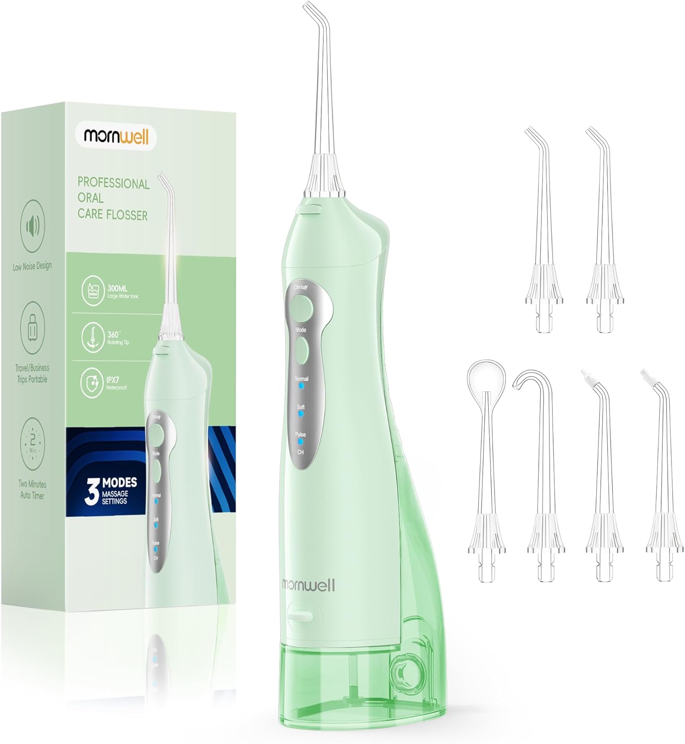Mornwell Water Flosser Cordless for Teeth - 300ML Tank and 4 Jet Tips, 3 Modes Portable Dental Oral Irrigator, Braces Care, Rechargeable Waterproof (Green)