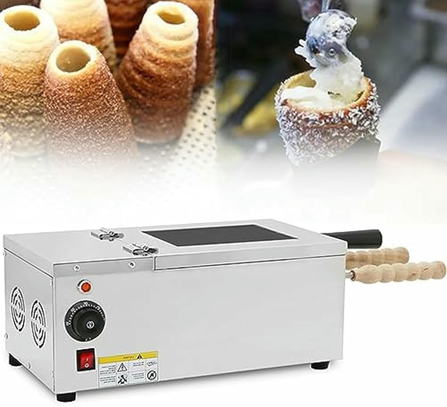 Electric Ice Cream Cone Machine, Stainless Steel, Chimney Cake Oven with 2 Bars,220v