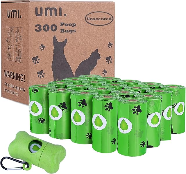 Amazon Brand  Umi Dog Poo Bags, 20 Rolls, 300-counts, 32 x 23cm Dog Poop Bags with Dispenser, Biodegradable and Compostable, Unscented, Extra Thick, Leak Proof, Pet Waste Bag for Dogs and Cats