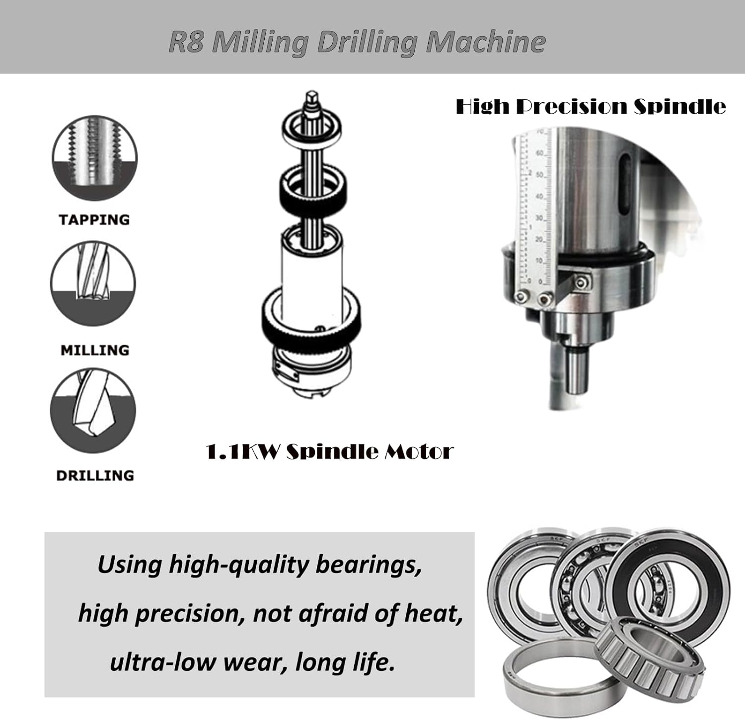 Diagram of 1.1KW Spindle Motor and high-quality bearings for the R8 Milling Drilling Machine