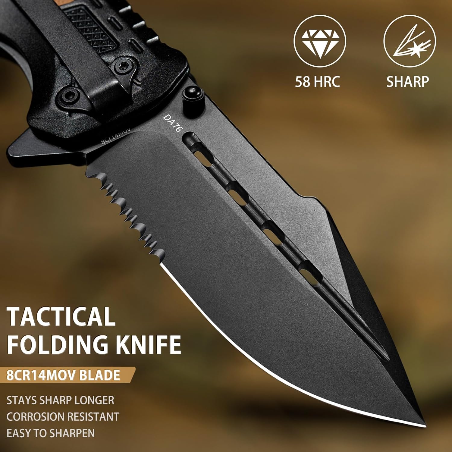 NedFoss Pocket Knife DA76, 3-in-1 Pocket Knife for Men Box Cutter, 3.7“ 8Cr14MoV Serrated Blade Folding Hunting Survival Knife with Liner-Lock Seat Belt Cutter & Glass Breaker,Tacical Knife for Camping, Outdoor, Ideal Gifts for Men Women (Serrated Edge)
