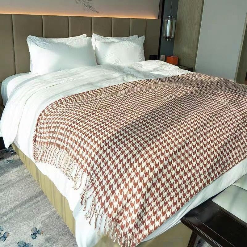Gestrickter Bettläufer mit Quasten, 100 % reine Baumwolle, dekorativer schwarz-weißer Schal, 130 x 220 cm