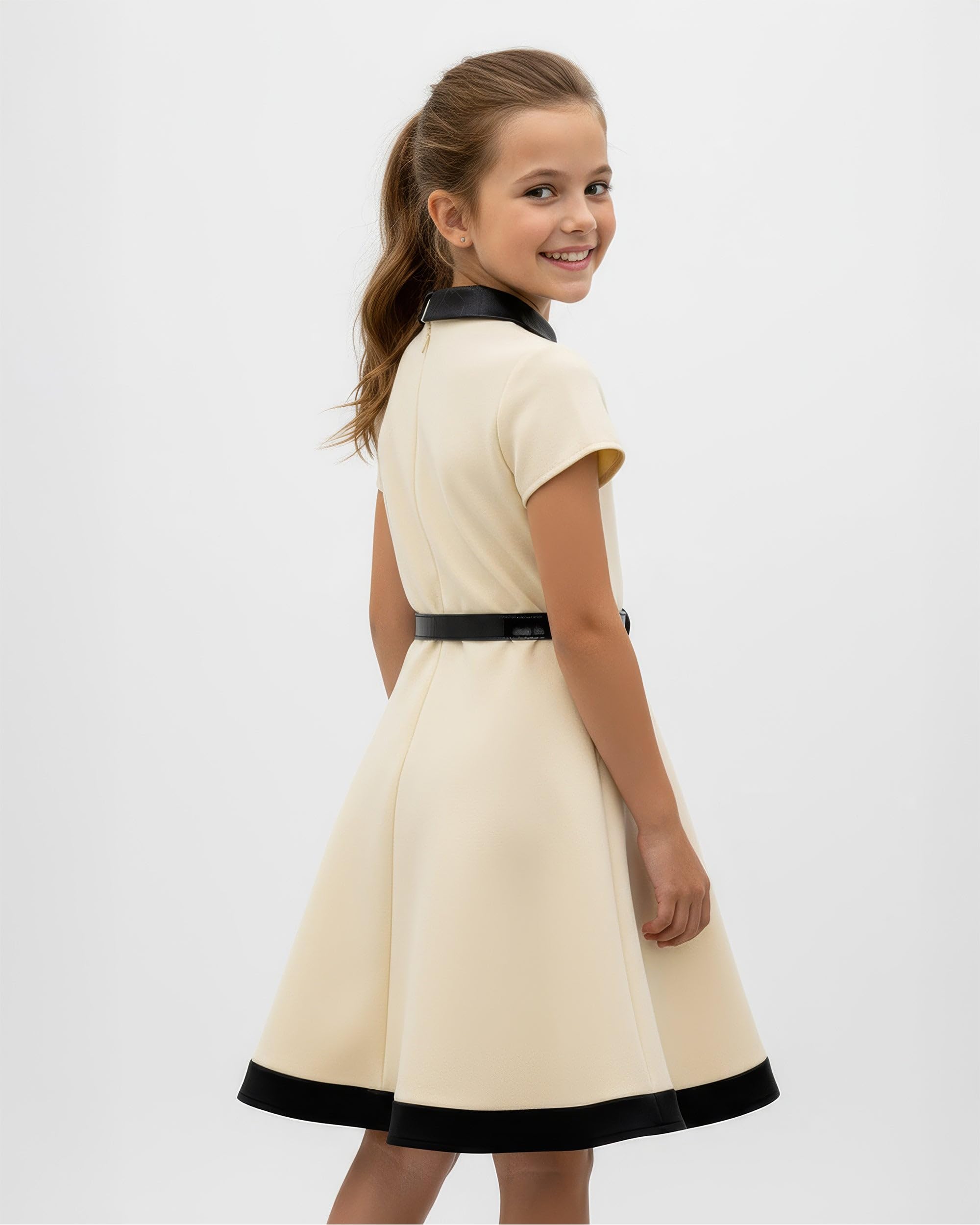 BlackButterfly Mädchen Kleid Lucy Kontrastkragen | Tellerrock, Kurze Ärmel, Kontrastsaum, Gefüttert, Reißverschluss Hinten, Glanzgürtel, Zweifarbig, 3-14 Jahre