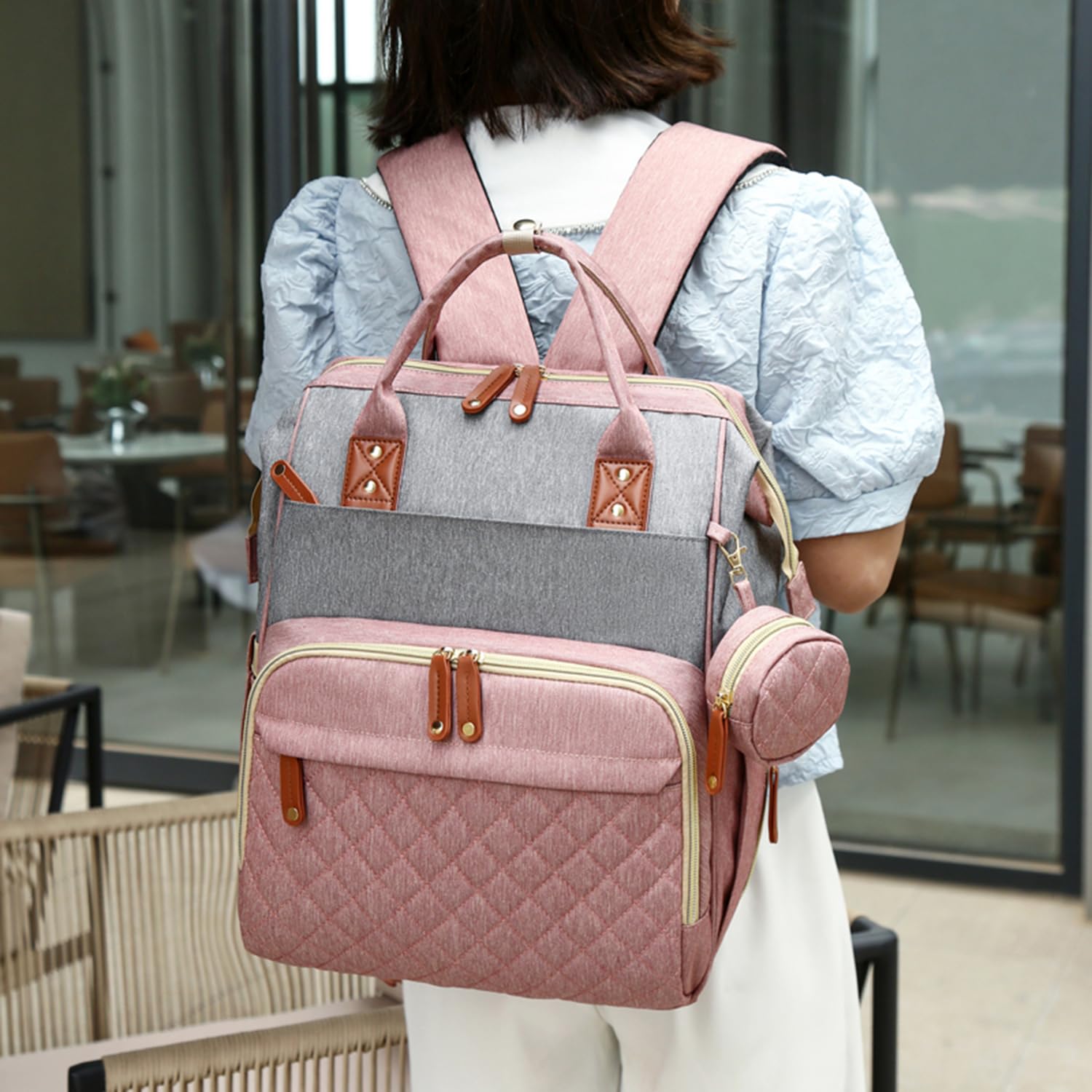 Sac à Dos à Langer pour Bébé, Sac à Dos Pour lit bébé, Sac à langer de voyage portable avec lit pliable Grande Capacité Sac à Couches Multifonction Imperméable-(Pink&Grey)