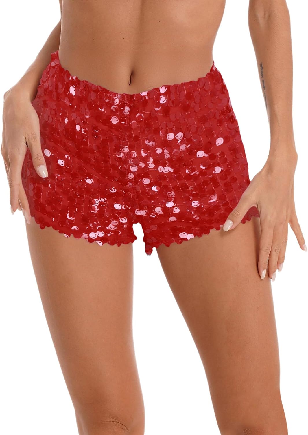 Womens Micro Shorts Sequin Booty Shorts Mesh Layer Fully Lined Short Hot Pants
