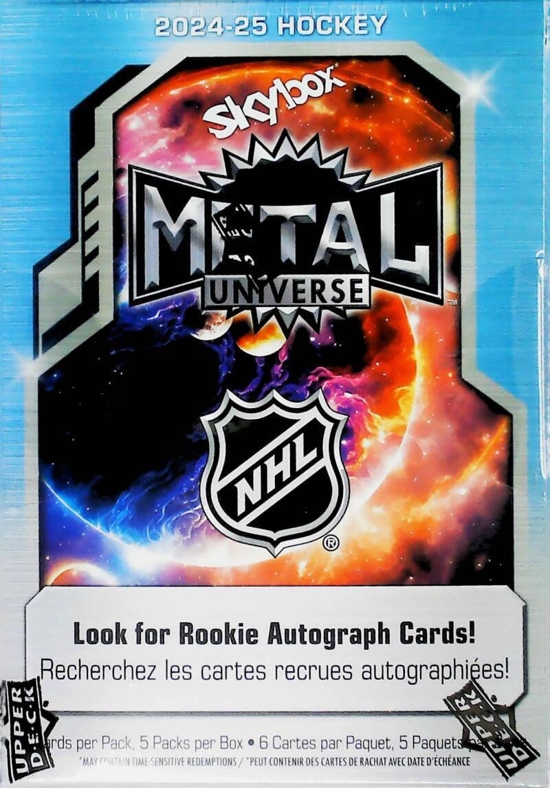 Upper Deck 2024-25 NHL Skybox Metal Universe Hockey Factory Sealed Blaster Box. 5 Packs of 6 Cards. Look for Blaster Exclusive Purple Spectrum FX Parallels of the base set. Look for possible Rookie Autograph Cards.