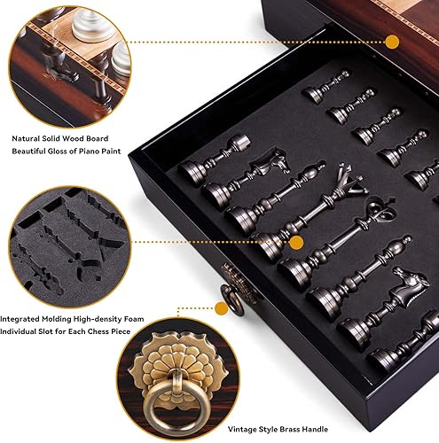 Miniatura 6 de AMEROUS Juego de ajedrez de madera de 20 pulgadas con piezas de ajedrez de metal, tamaño King de 4.5 pulgadas, 2 cajones de almacenamiento