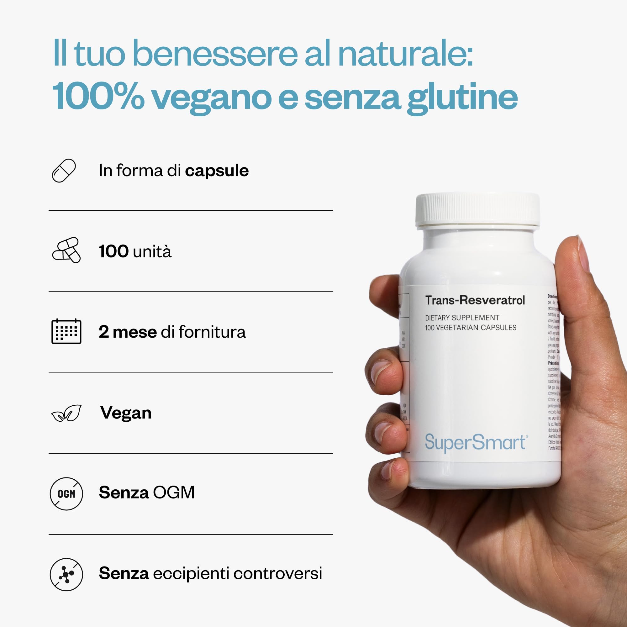 Trans-Resveratrol - Estratto di radice di Hu Zhang - Aiuta a combattere lo stress ossidativo e l'infiammazione - Vegano - Senza glutine - Supersmart