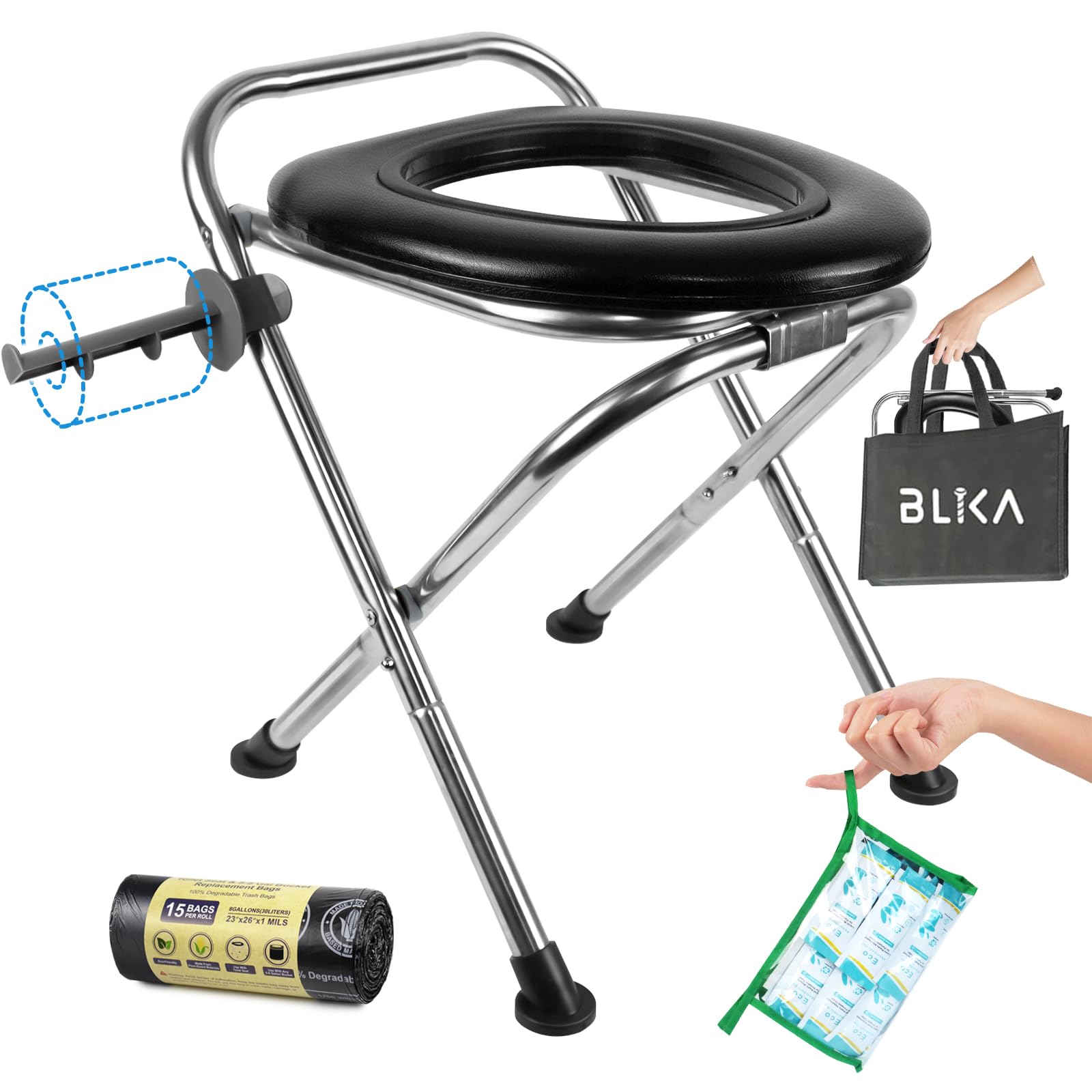 BLIKA Upgraded Portable Toilet for Camping Eco Absorbent Gel Set, 350LBS Weight Capacity Portable Camping Toilet, Folding Toilet, Stainless Steel Portable Toilet with Soft Seat