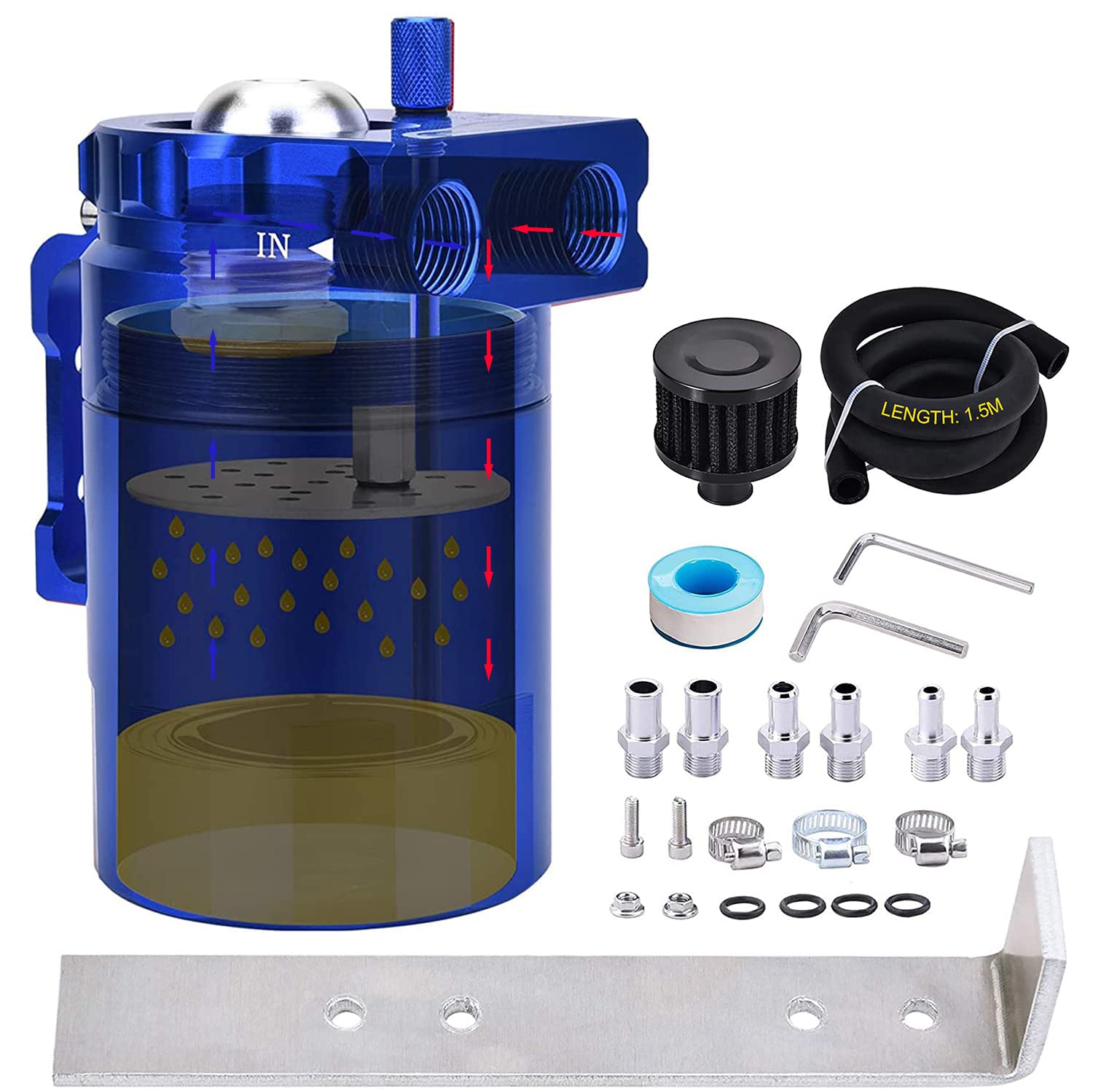 SPEEDWOW Universal Oil Catch Can Kit with low micron bronze filter & larger removable baffle,Oil Capture Tank Air Tank with 3/8" Fuel Line, 300ml (Blue)