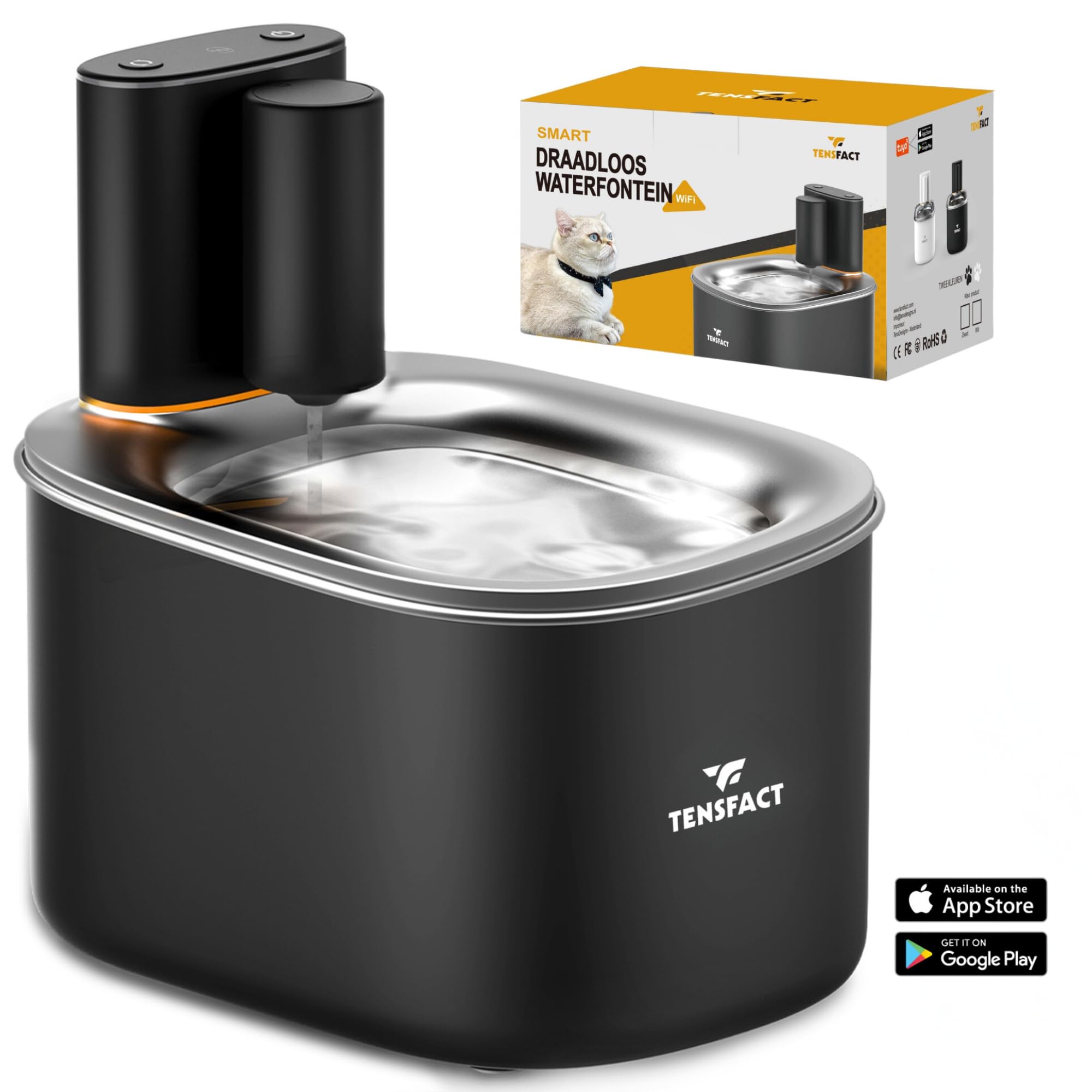 Fuente de bebida Gato o Perro - Fuente de agua inalámbrica de diseño premium Gato - Fuente de gato con sensor de movimiento y HEPA Ultra Filtración - Negro